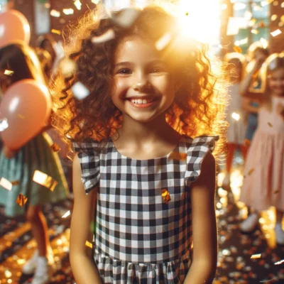 DALL·E 2024-06-01 23.58.07 - A young girl with curly hair enjoying a party, surrounded by falling confetti. She is smiling and wearing a checkered dress, with sunlight creating a